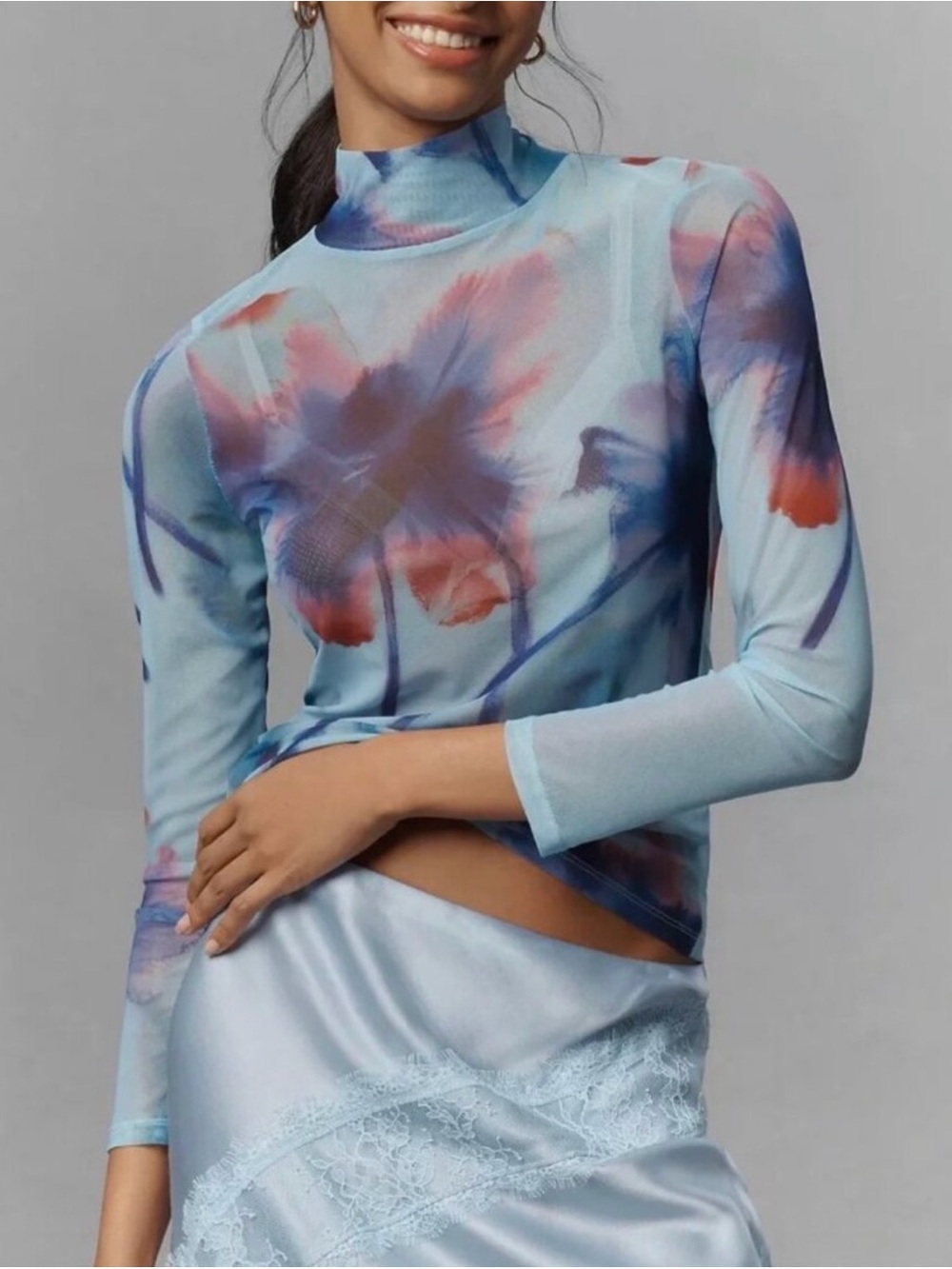 NEW Anthropologie Light Blue Mesh Mock-Neck Floral Long sleeve top Medium
